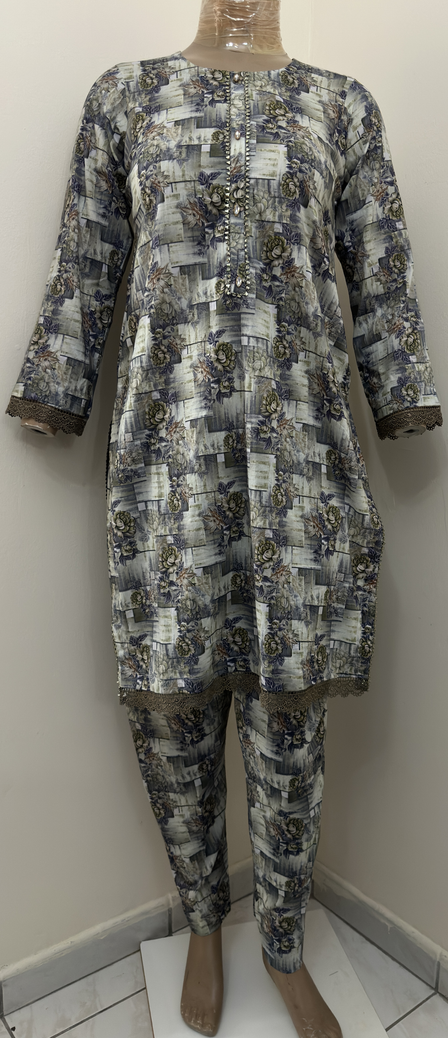 2-Piece Stitched Suit - Brown with Green & Copper Lace All-Over