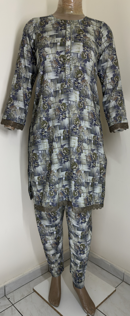 2-Piece Stitched Suit - Brown with Green & Copper Lace All-Over
