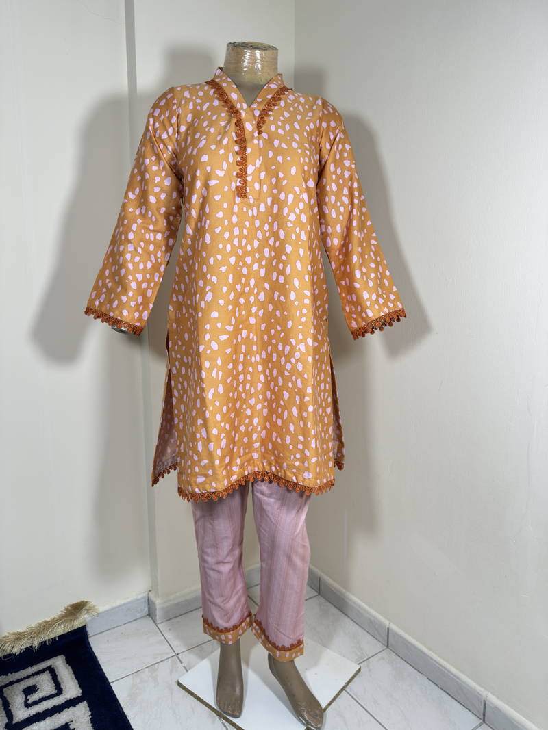 2-Piece Stitched Suit - Mustard & Pink Random Dots Shirt with Pink Trousers