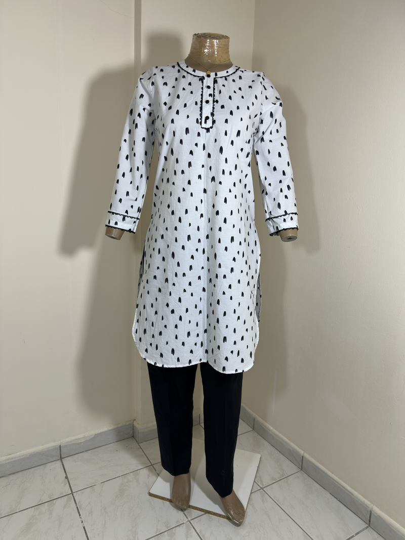 2-Piece Stitched Suit - White & Black Random Big Stain Dots with Black Trousers