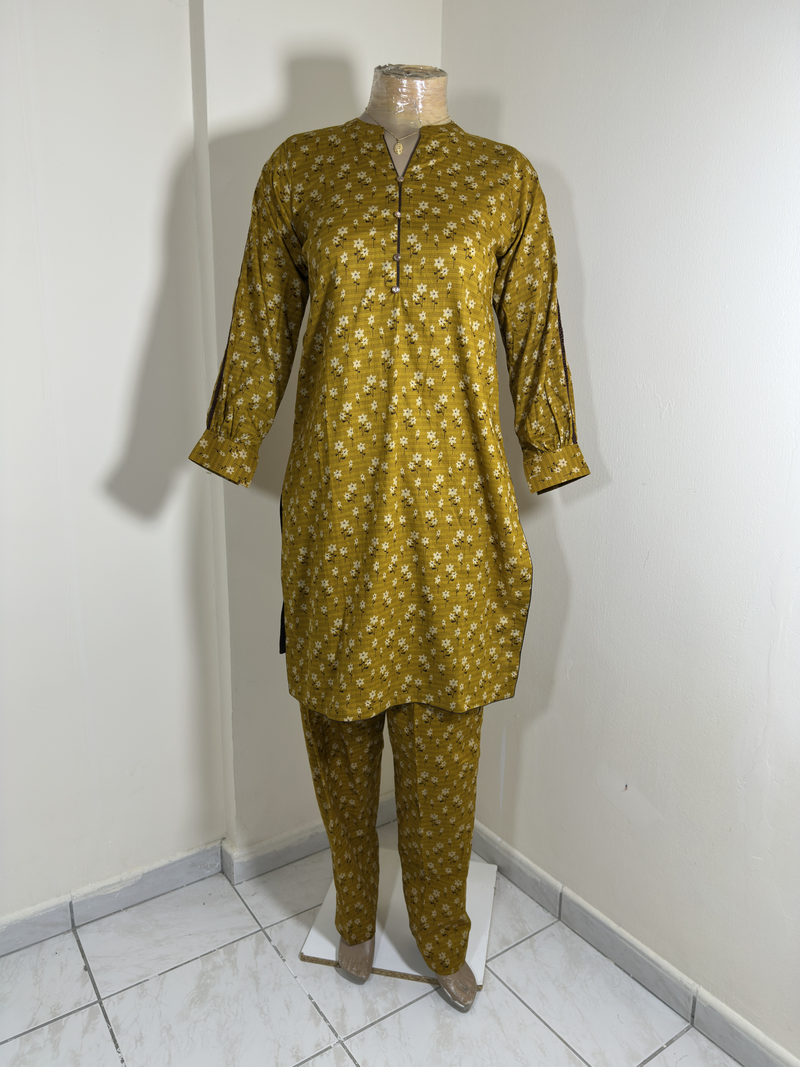 3-Piece Stitched Suit - Mustard & Black Shirt with Same Trousers with Chicken Kari Dupata - All-Over Design