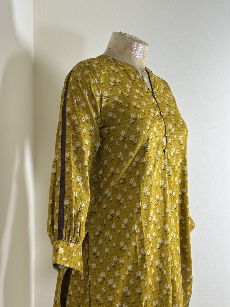 3-Piece Stitched Suit - Mustard & Black Shirt with Same Trousers with Chicken Kari Dupata - All-Over Design