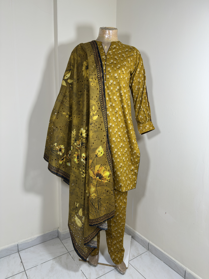 3-Piece Stitched Suit - Mustard & Black Shirt with Same Trousers with Chicken Kari Dupata - All-Over Design