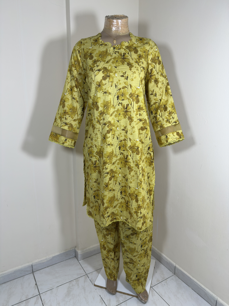 2-Piece Stitched Suit - Mustard Light and Brown Flower Shirt with Mustard Organza and All-Over Trousers