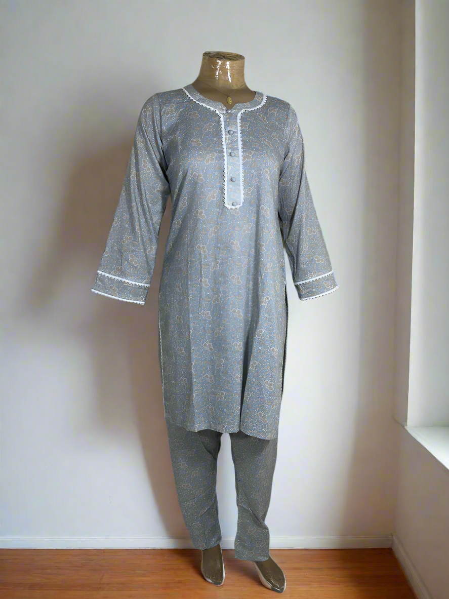 2-Piece Stitched Suit - Gray & White Design with Same Trousers All-Over Design