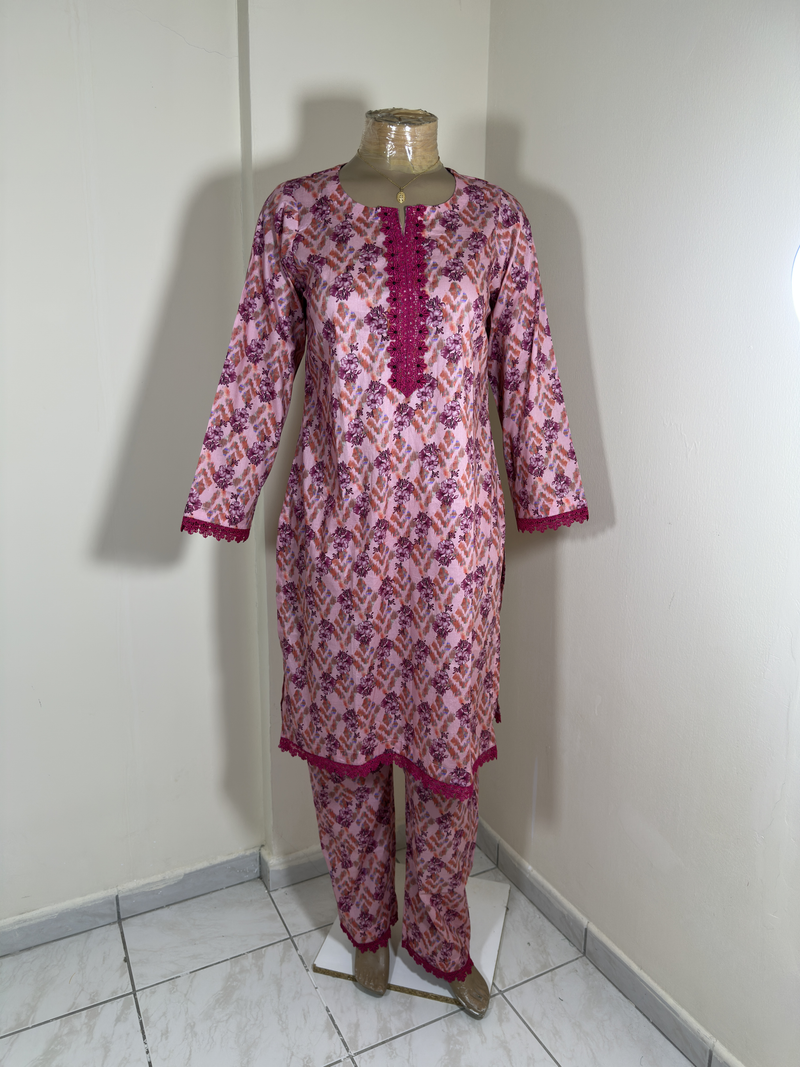 2-Piece Stitched Suit - Pink & Dark Pink Flower Shirt with Same Shalwar - All-Over Design