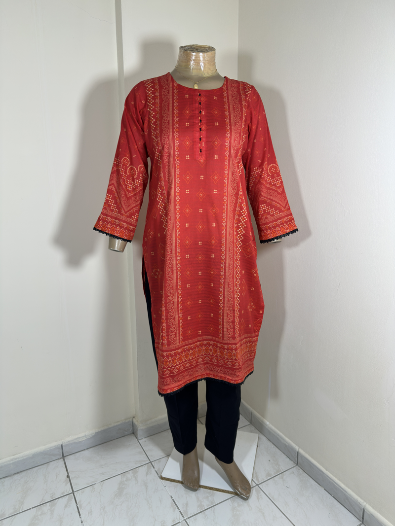 3-Piece Stitched Suit - Red & Black Shirt with Black Trousers & Black Dupata - Chunri Design