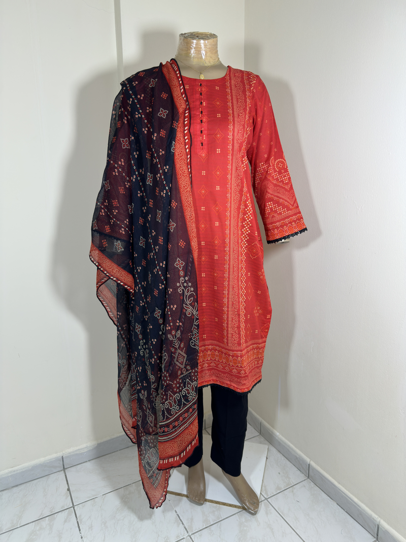 3-Piece Stitched Suit - Red & Black Shirt with Black Trousers & Black Dupata - Chunri Design