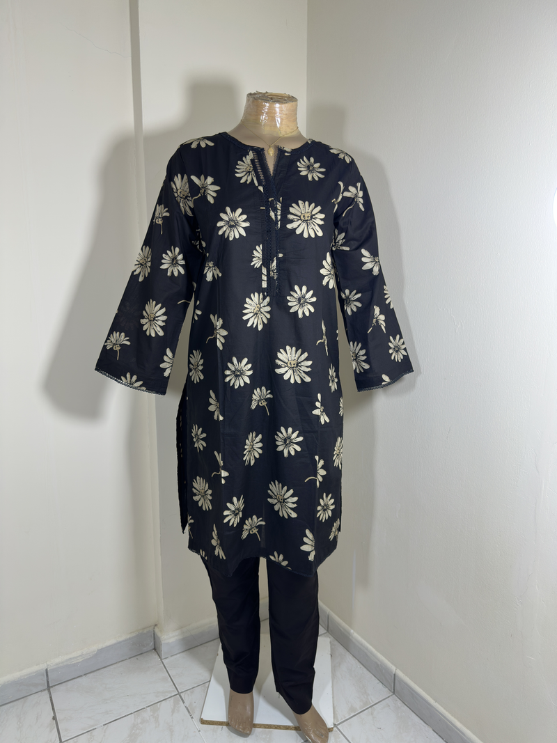 3-Piece Stitched Suit - Black & Cream Flowers - Shirt, Trousers & Dupata