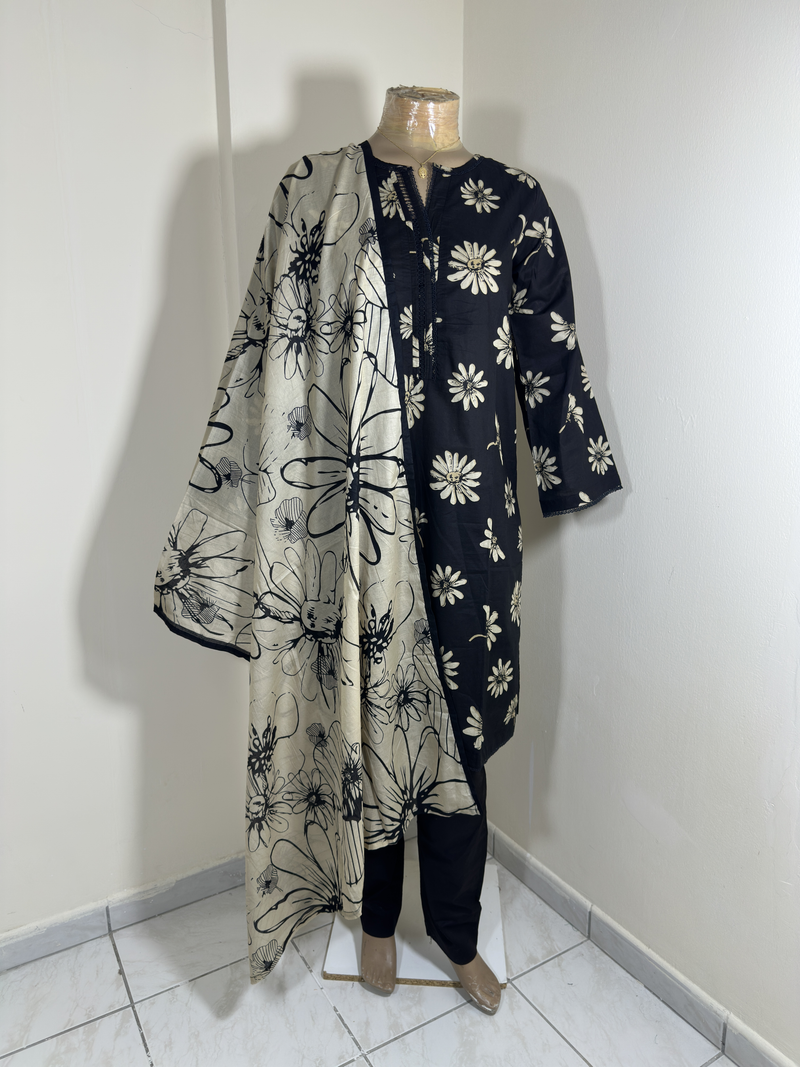 3-Piece Stitched Suit - Black & Cream Flowers - Shirt, Trousers & Dupata
