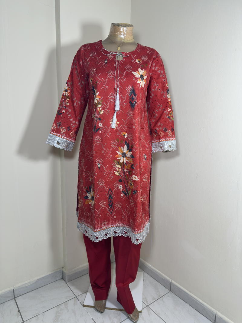2-Piece Stitched Suit - Red Embroidered - Shirt & Trousers