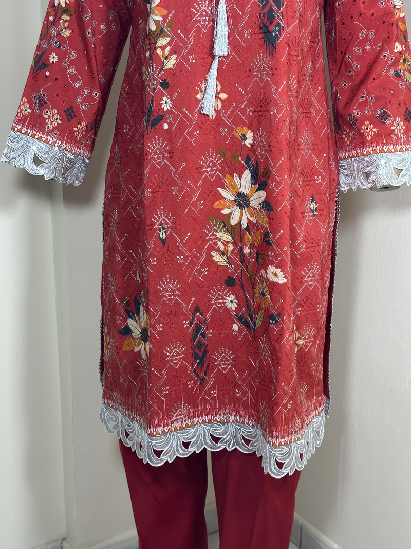 3-Piece Stitched Suit - Red Embroidered - Shirt, Trousers & Dupata
