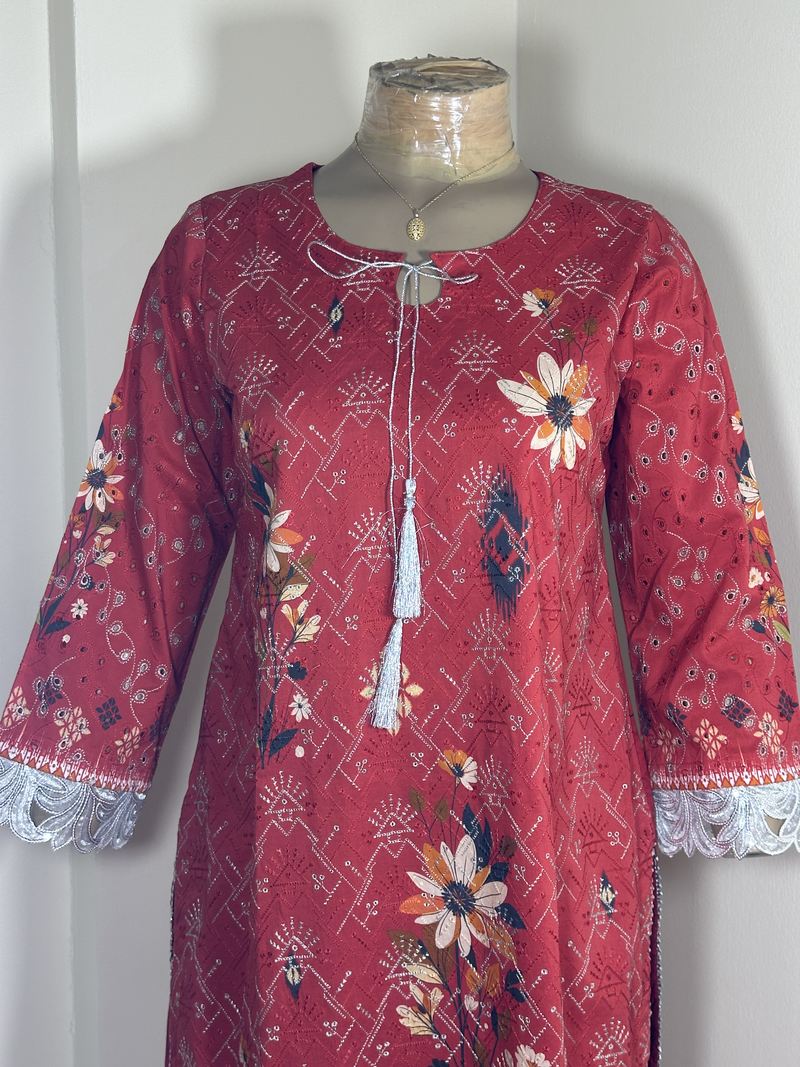3-Piece Stitched Suit - Red Embroidered - Shirt, Trousers & Dupata