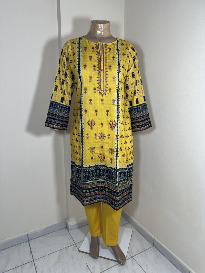 3-Piece Stitched Suit - Yellow Embroidery - Shirt, Trousers & Dupata