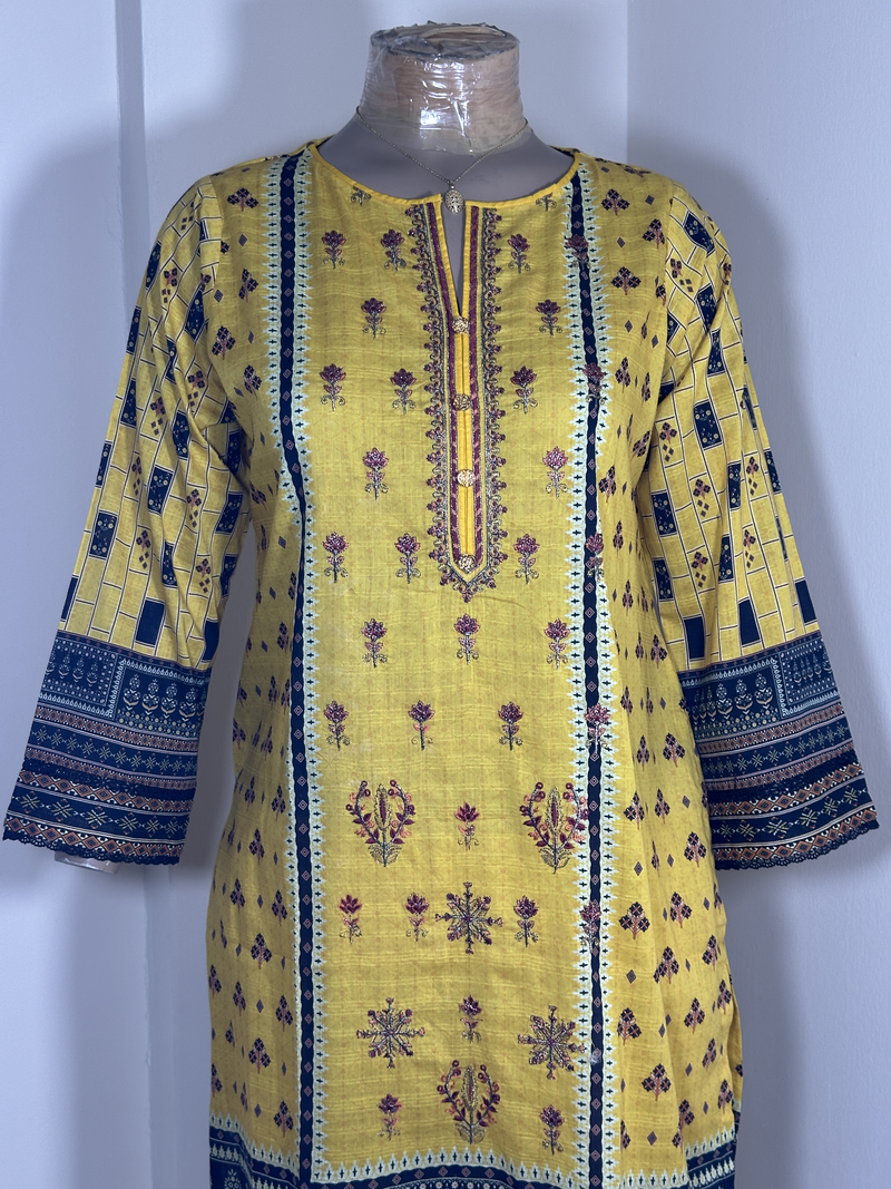 3-Piece Stitched Suit - Yellow Embroidery - Shirt, Trousers & Dupata