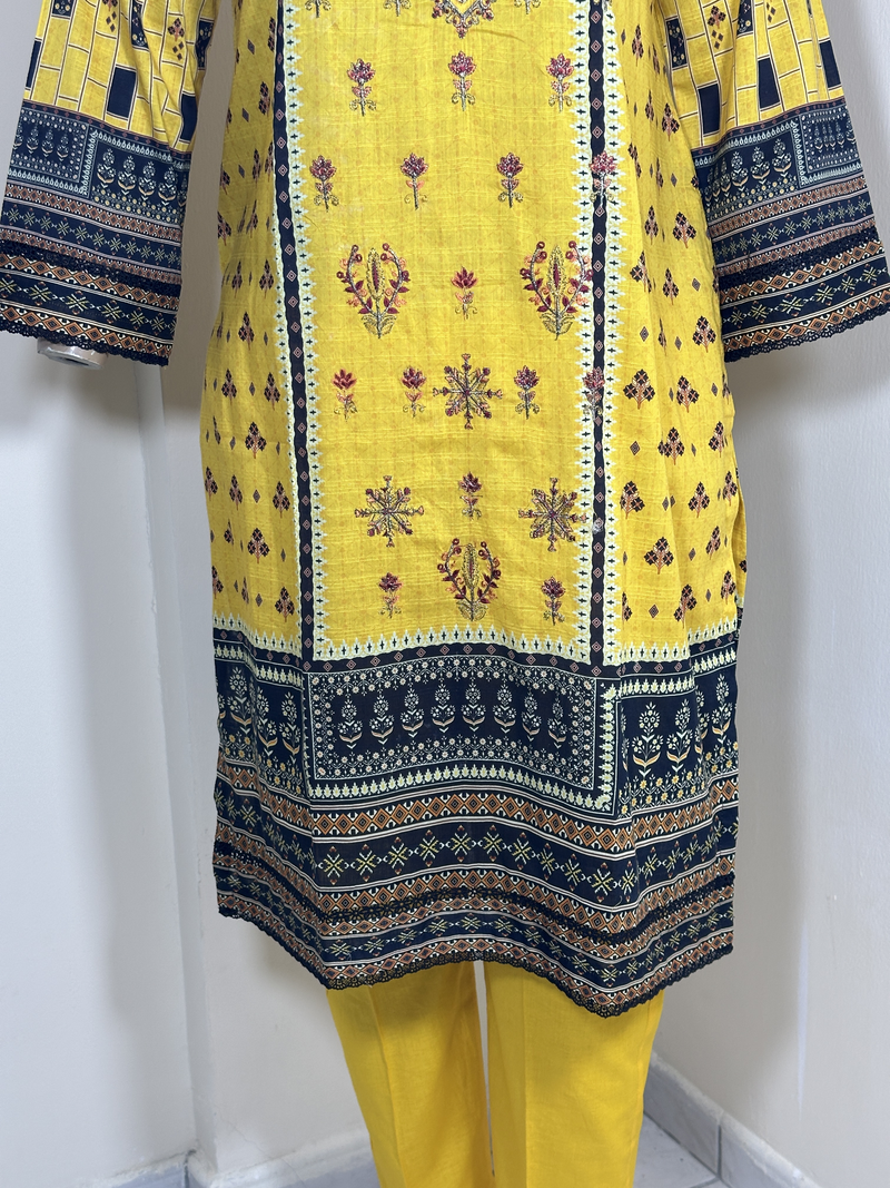 3-Piece Stitched Suit - Yellow Embroidery - Shirt, Trousers & Dupata