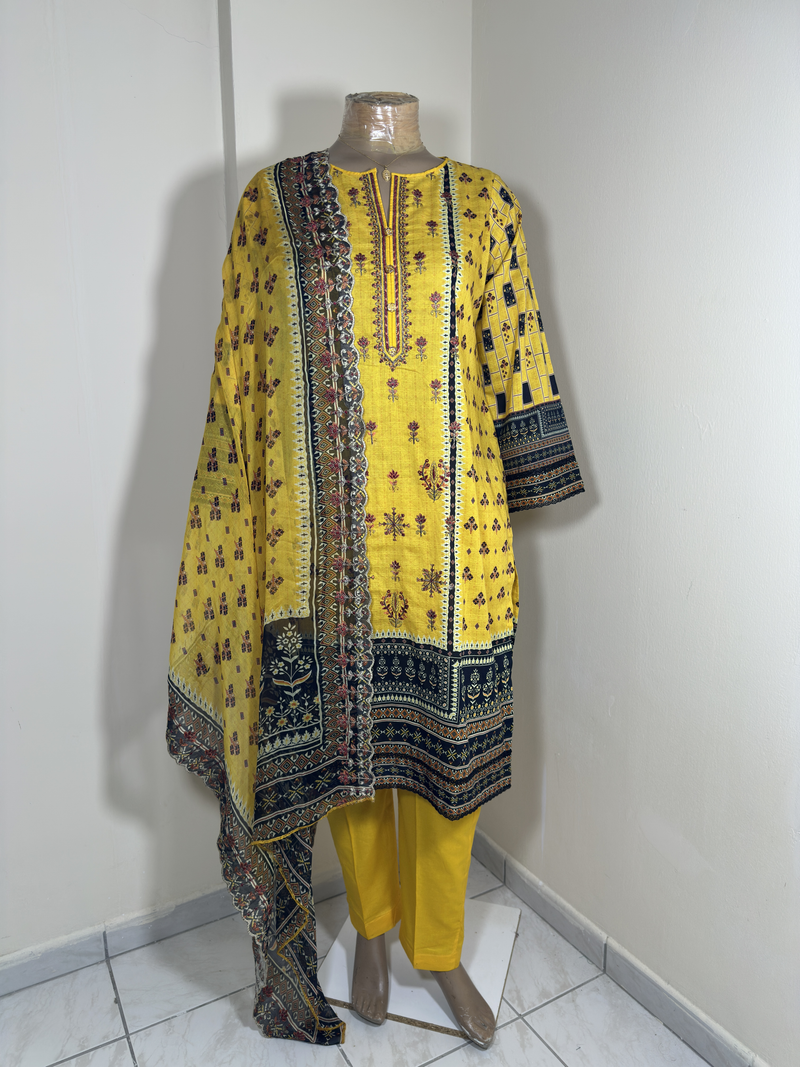 3-Piece Stitched Suit - Yellow Embroidery - Shirt, Trousers & Dupata