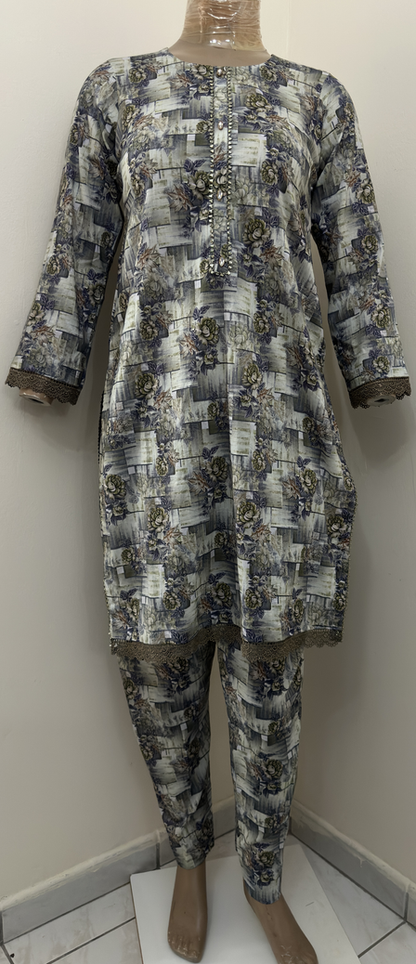2-Piece Stitched Suit - Brown with Green & Copper Lace All-Over