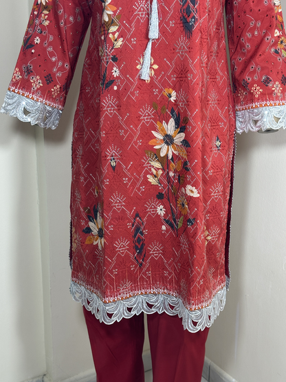 2-Piece Stitched Suit - Red Embroidered - Shirt & Trousers