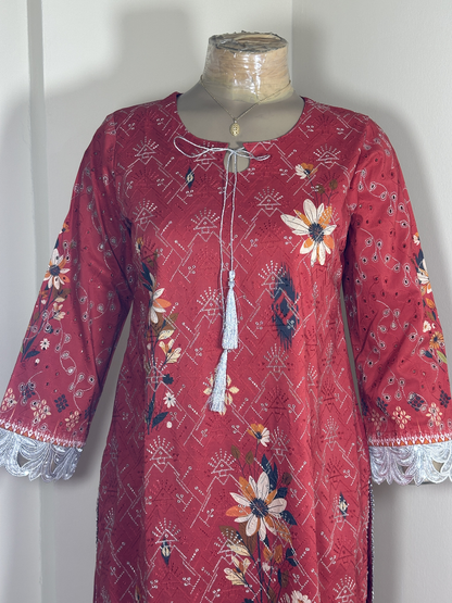 3-Piece Stitched Suit - Red Embroidered - Shirt, Trousers & Dupata