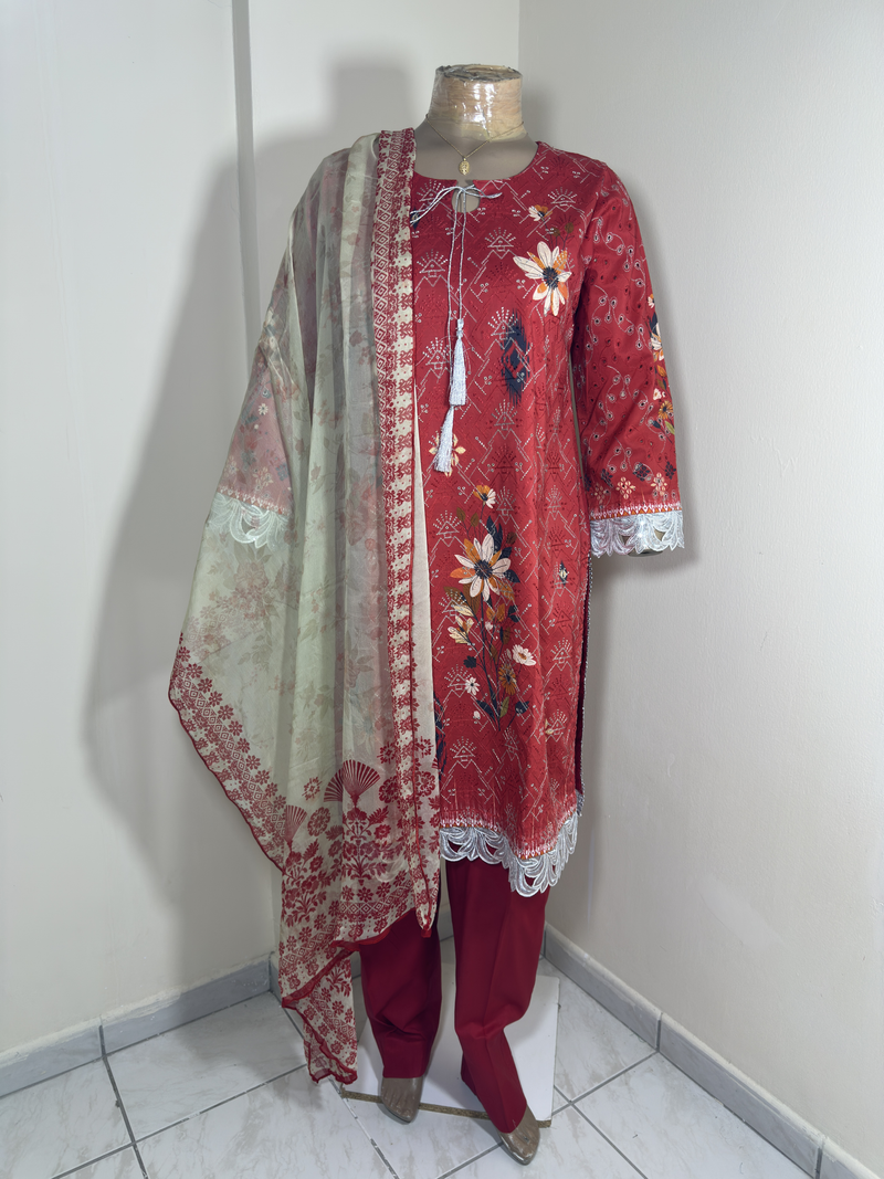 3-Piece Stitched Suit - Red Embroidered - Shirt, Trousers & Dupata
